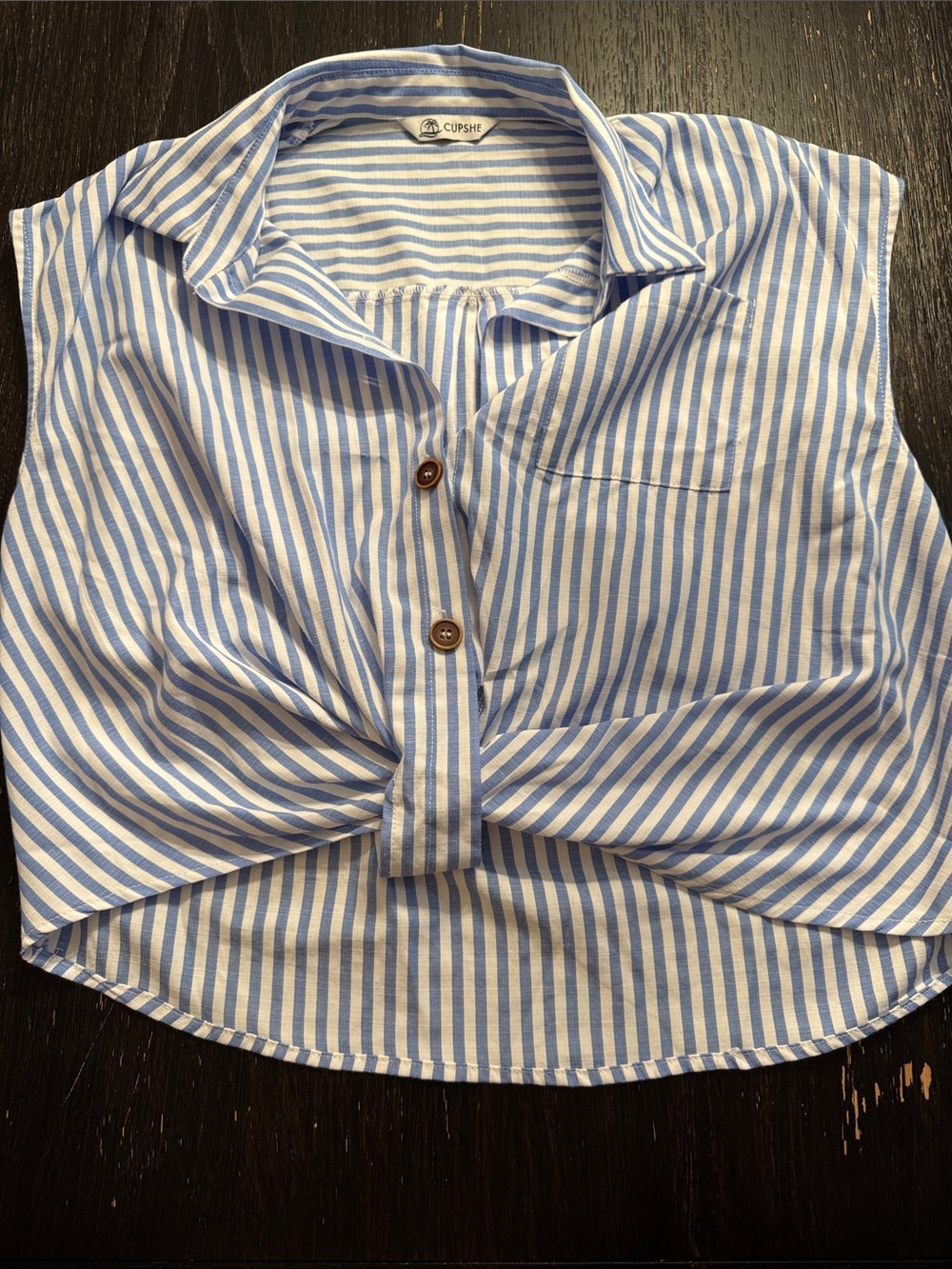 Cupshe Blue and White Striped Cropped Button-Front Shirt